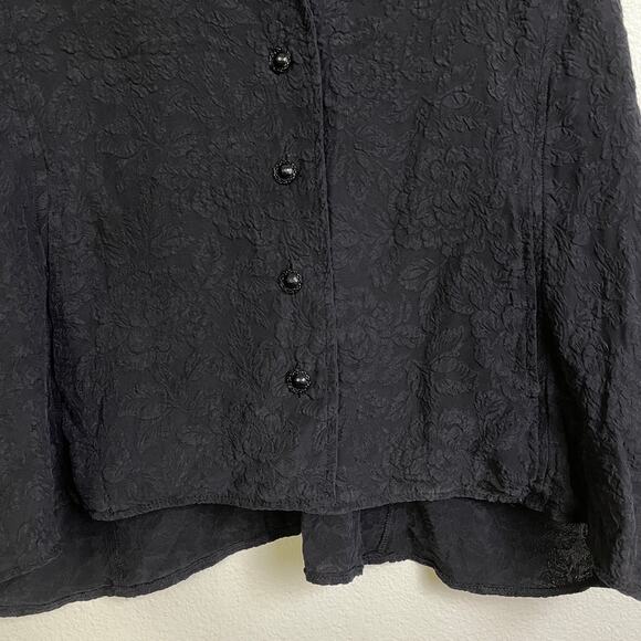 Uru Silk Top Womens Plus Black Floral Jacquard Gem Button Up Boxy Pockets USA - Picture 4 of 9